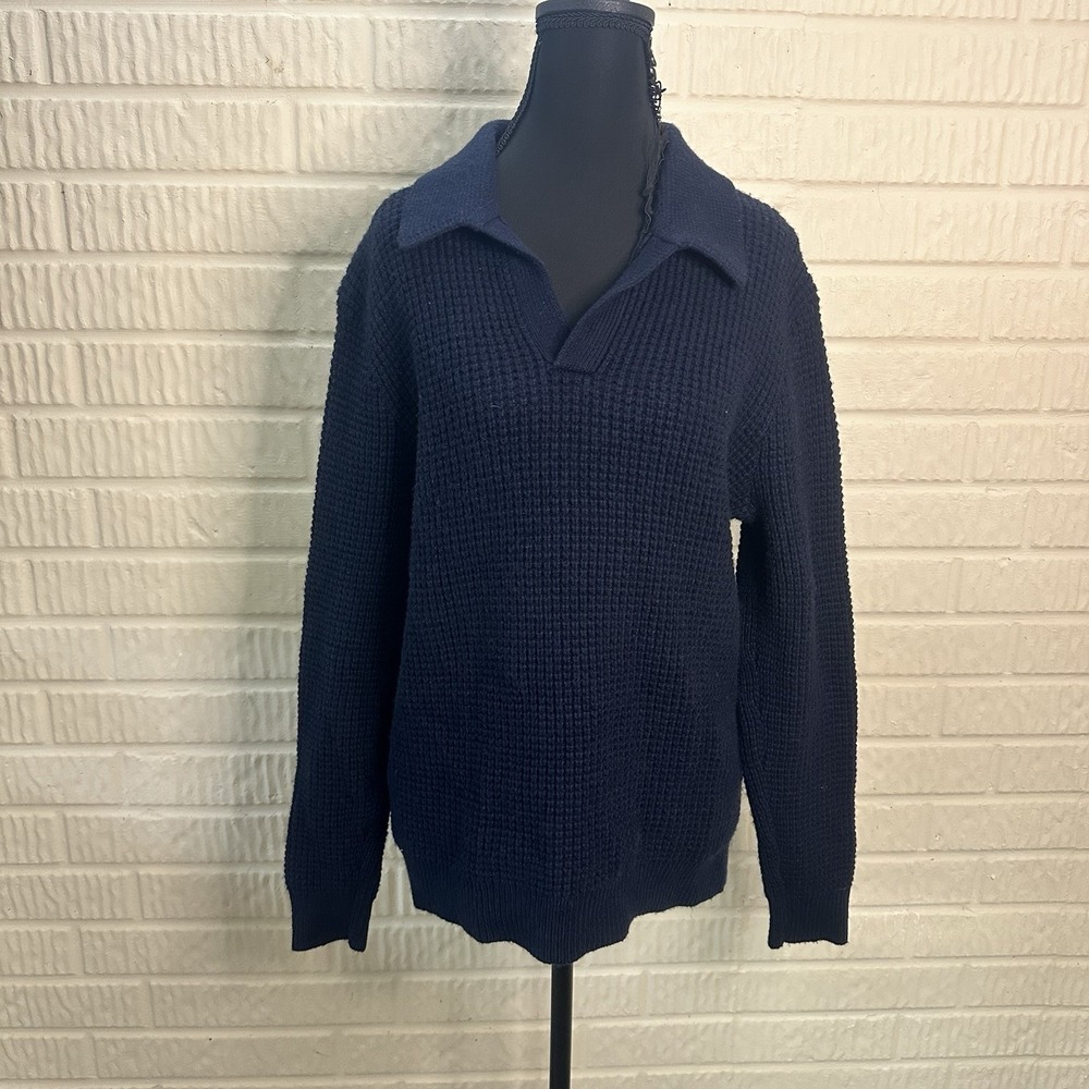 Madewell Cotton Shaker-Stitch Johnny-Collar Sweater Polo in Navy Blue Knit Sz S